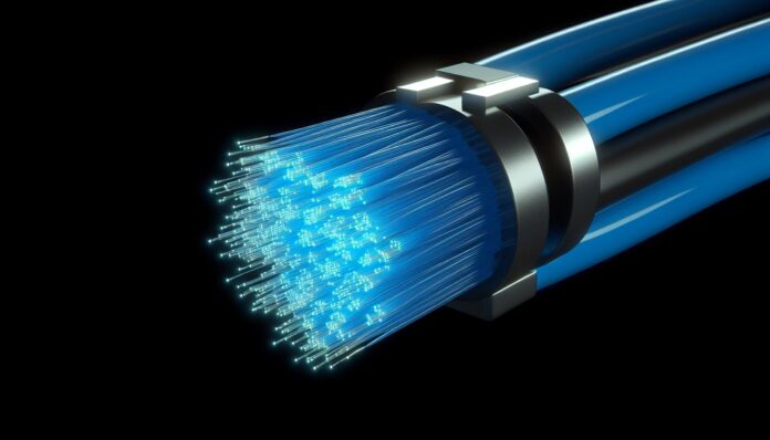 Fiber optic cable glowing with blue quantum light, symbolizing data transmission