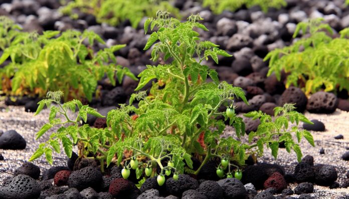 Wild tomato plants growing on volcanic rocks in the Galapagos Islands, showing small fruit and sparse foliage.