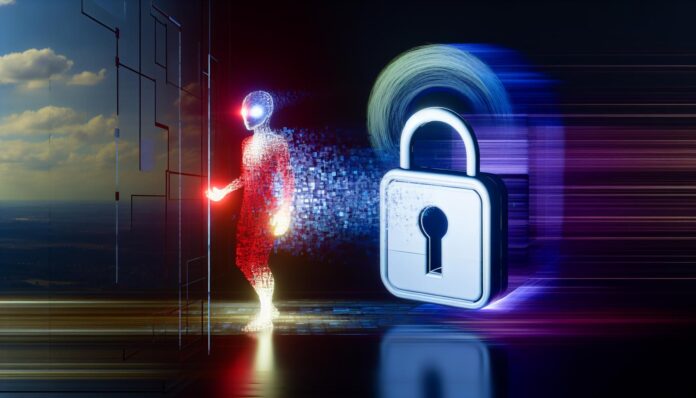 Abstract image of a person standing in front of a digital lock symbolizing data protection and privacy in the AI era.