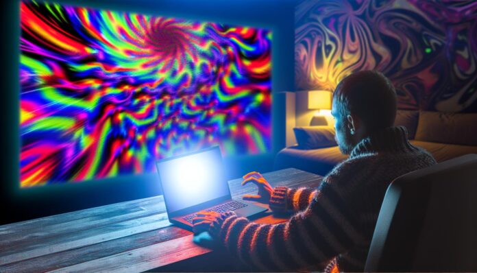 Person looking at laptop in a dimly lit room, with vivid psychedelic visuals in the background.