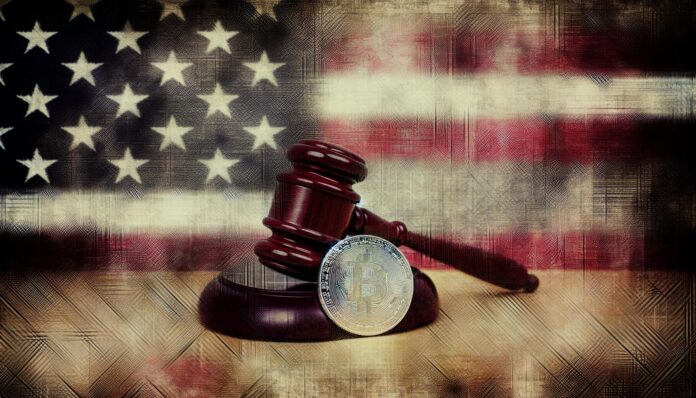 Illustrative gavel with a digital coin symbolizing stablecoin regulation over a US flag background