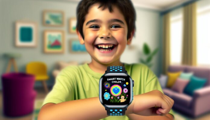 A child wearing the Pinwheel smartwatch displaying the home screen in a safe, family-friendly environment.