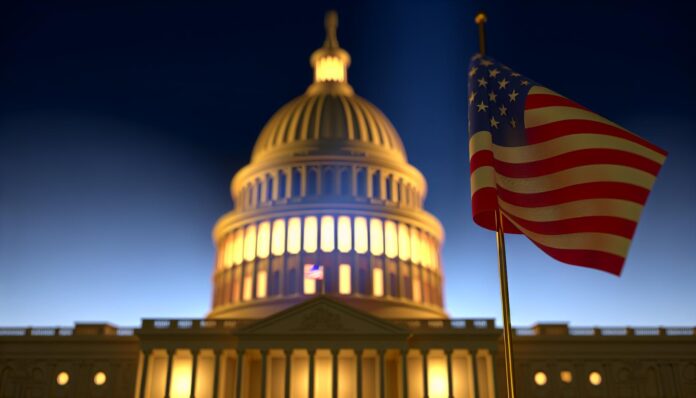 U.S. Capitol and American flag at dusk, symbolizing landmark crypto legislation debate