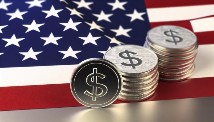 Stack of physical coins representing digital stablecoins with a dollar symbol, placed beside a US flag.