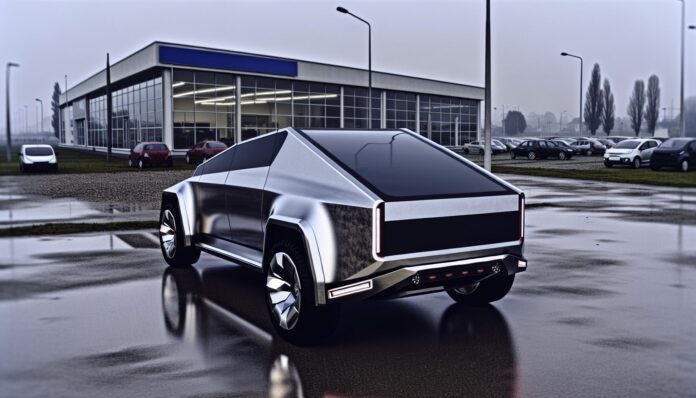 Tesla Cybertruck parked in an empty dealership lot on an overcast day