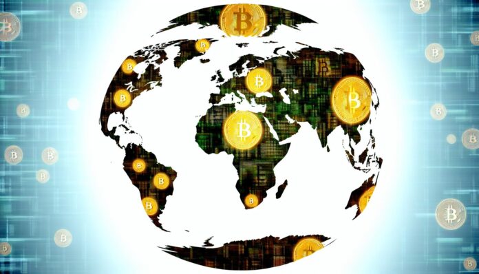 A digital world map overlayed with Bitcoin symbols illustrating global connectivity and tension.