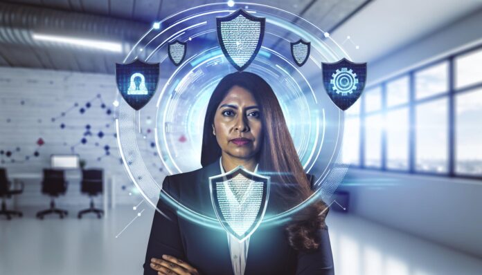 A business leader surrounded by digital shields and AI icons symbolizing protection against financial fraud.