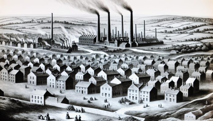Aerial view of early industrial factories emitting smoke in the late 19th century, showing the dawn of human environmental impact.