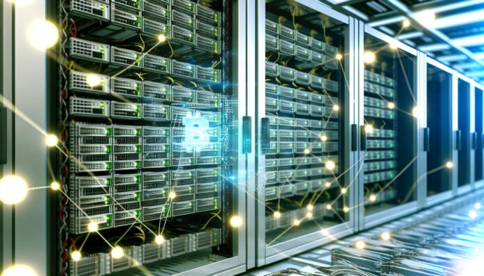 Server racks with digital blockchain overlay symbolizing decentralized networks powering artificial intelligence.