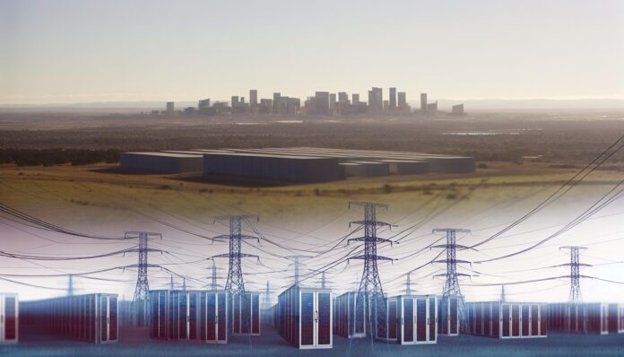 Power lines stretching toward the horizon with a futuristic city in the distance.