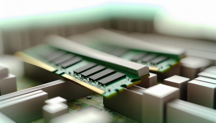 A close-up of computer RAM sticks against a blurred background of circuit boards.