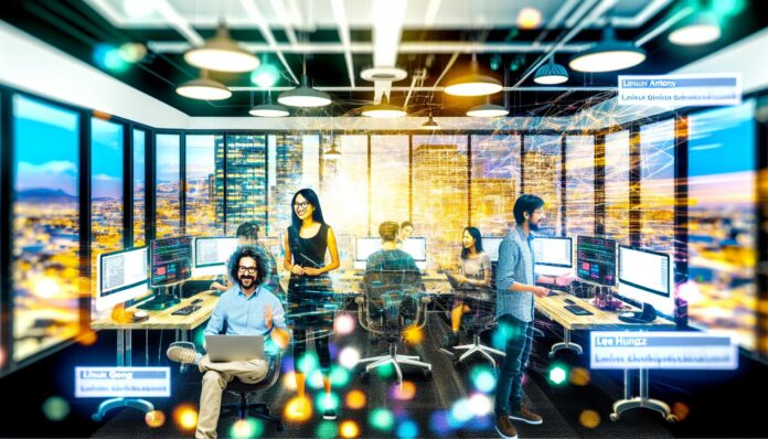 A bustling, modern Silicon Valley startup office space filled with diverse AI engineers and researchers collaborating over digital interfaces and screens.