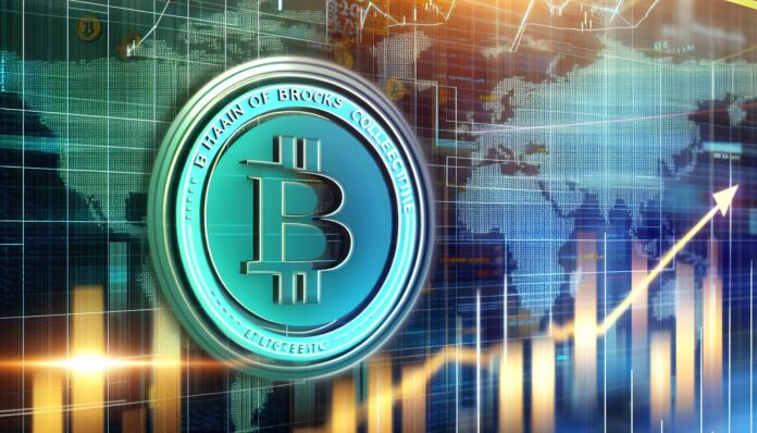 The Blockchain Group logo and a digital bitcoin coin in front of a financial graph