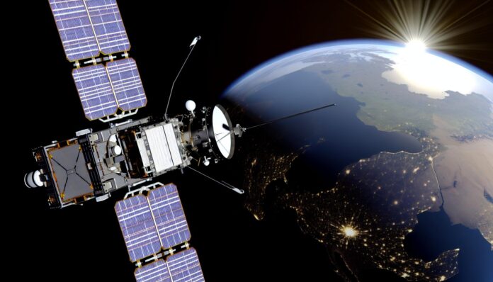GOES-19 satellite in orbit over the Western Hemisphere with an artistic lens flare from the Sun.