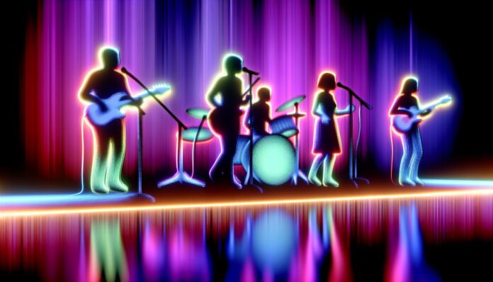 Abstract silhouette of a digital indie rock band on stage, bathed in neon lights, symbolizing artificial intelligence in music.