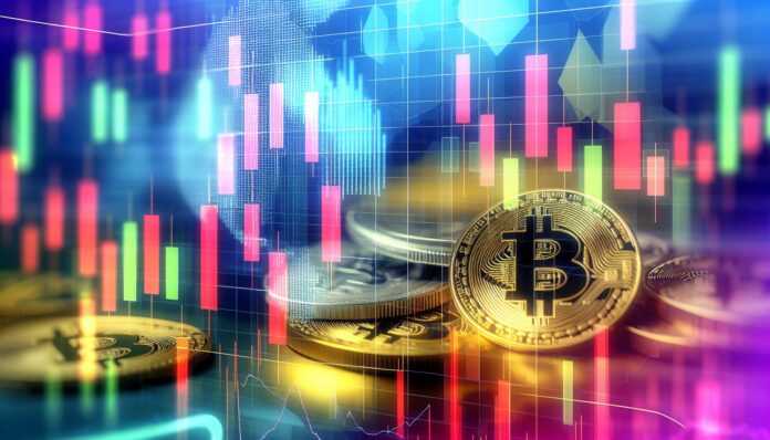Modern trading charts and digital coins over a bright stock market graph