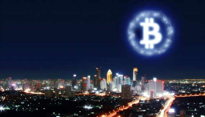 Bitcoin logo glowing above city skyline representing institutional growth in 2025.