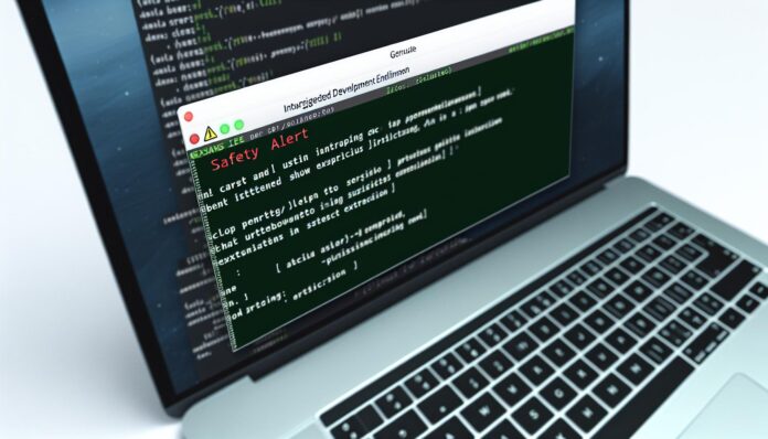 Cursor IDE terminal window displaying malicious extension installation alert.