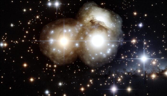 A dazzling, combined Hubble and Webb telescope view of a star cluster duo, showing contrasting regions of bright gas, dust, and stars.