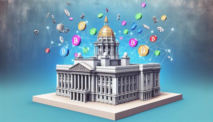 US Capitol with blockchain symbols to represent legislative action on crypto tax rules.