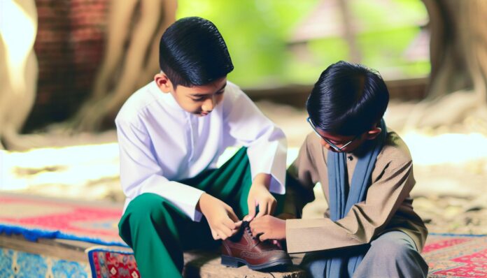 A child helping another child tie their shoes, symbolizing compassion and responsibility.