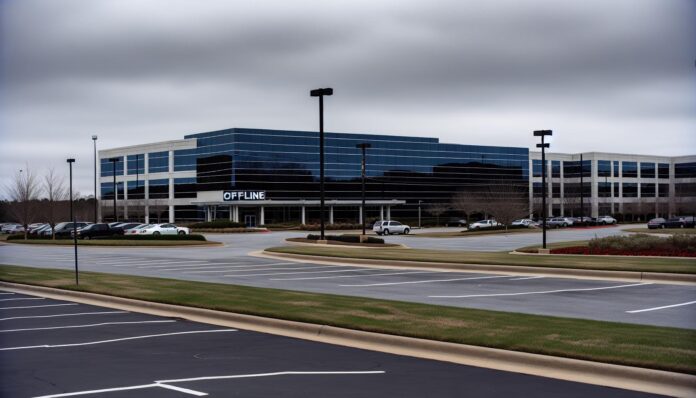 Ingram Micro headquarters on a day of global outage, with empty parking lot and offline signage