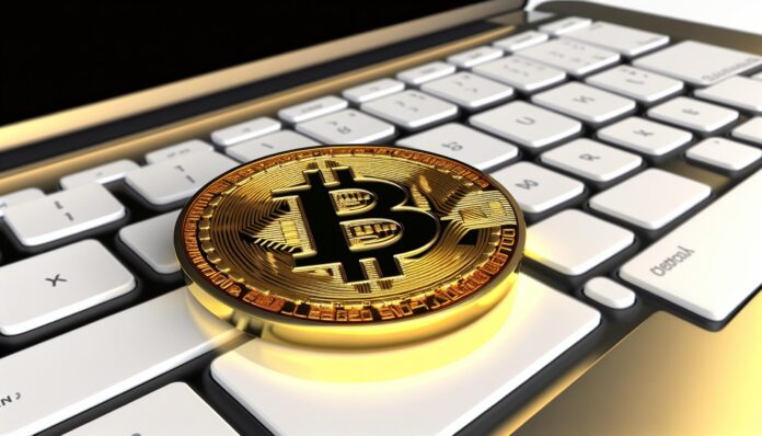 Close-up of a golden Bitcoin on a modern laptop keyboard, symbolizing digital movement of assets.