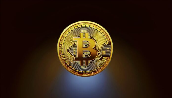 Gold Bitcoin coin on dark background representing price surge forecasts.