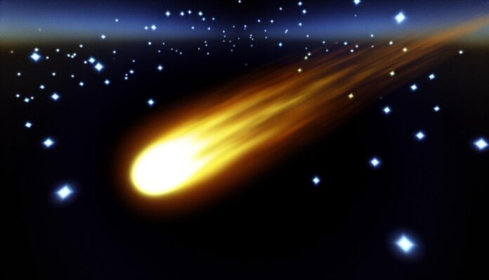 A glowing comet-like object racing through interplanetary space, with stars visible in the background.