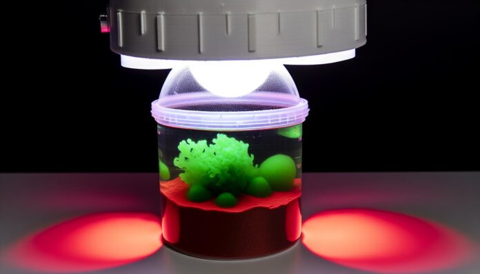 A 3D-printed polylactic acid beaker under laboratory lights, simulating Mars-like conditions with green algae inside.