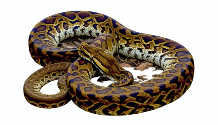 Burmese python in its natural habitat, coiled around its prey.