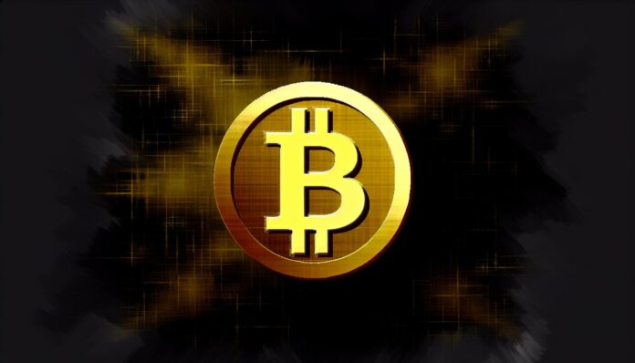 Symbolic image of a gold Bitcoin atop a dark background with subdued images of the Google and Amazon logos in the background.