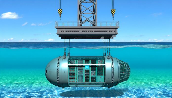 A submarine data center pod being lowered by a crane into clear blue ocean waters.