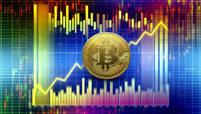 Physical Bitcoin token on fluctuating financial chart background symbolizing market reaction.