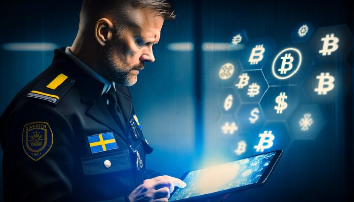 A Swedish police officer holding a digital tablet displaying cryptocurrency symbols, emphasizing digital asset enforcement.