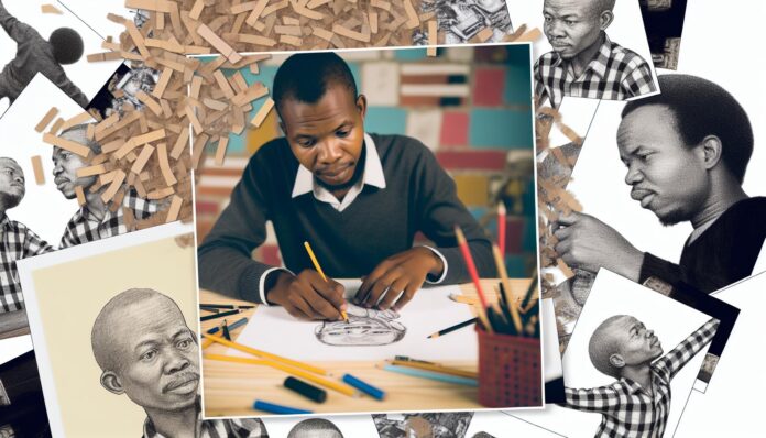 A collage-style photo showing William Kentridge drawing by hand, surrounded by sketches and eraser shavings.