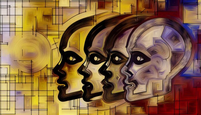 Abstract illustration showing interconnected faces evolving over time.