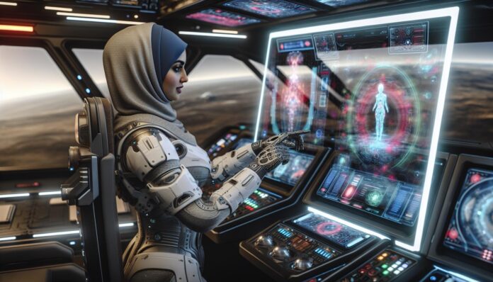 Astronaut and AI interface inside a futuristic spacecraft cockpit.