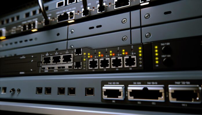 A close-up of a Fortinet FortiWeb appliance in a data center rack, with blinking indicator lights.