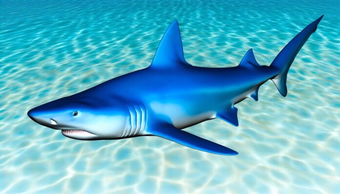 Blue shark swimming in open water with its distinctive blue coloration visible.