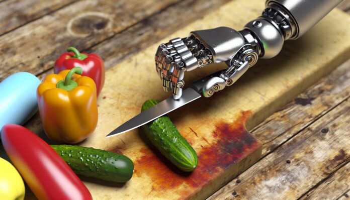 Robot arm holding chef's knife mid-slice on a cutting board with vegetables.