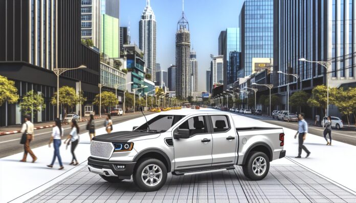 A photorealistic render of an affordable, customizable electric pickup truck in a city setting.