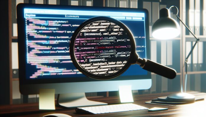 Ecommerce website code being examined for hidden malware scripts.
