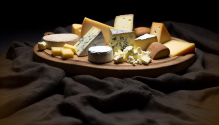 A rustic cheese board with various cheeses set against dark linens, evoking a nighttime atmosphere.