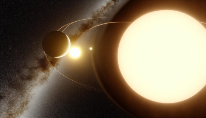 A direct image of a binary star system with a visible planet orbiting one star, and a dusty disk surrounding the other.