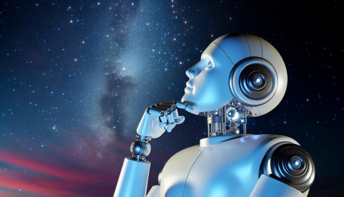 A thoughtful robot gazing at a star-filled sky, suggesting the vast distance between today’s AI and true sentience.