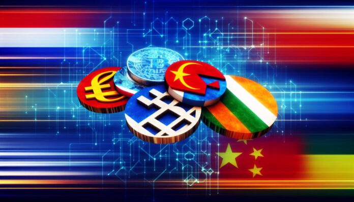 A symbolic visual showing digital currencies and national flags representing Belarus and BRICS nations.