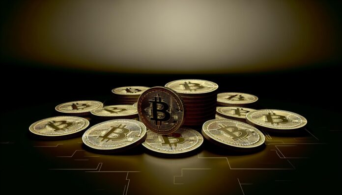 Stack of physical Bitcoin tokens against a dark background, symbolizing tracked crypto assets.
