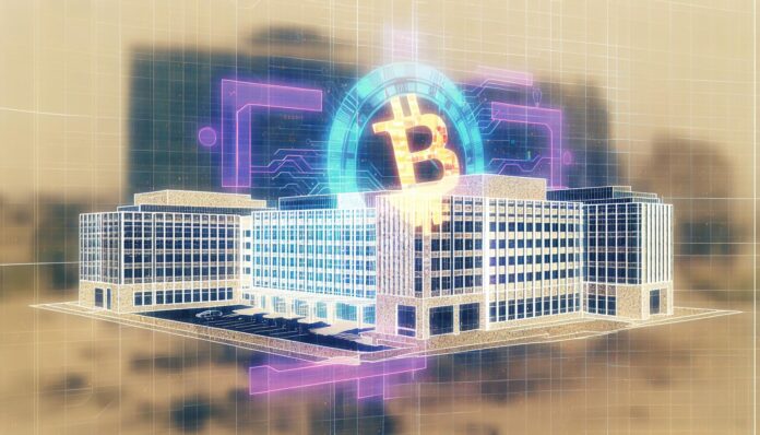 Matador Technologies headquarters in Canada with digital Bitcoin art overlay.