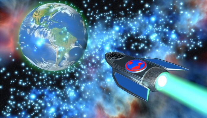 Superman's ship flying through a star-studded galaxy on its way to Earth